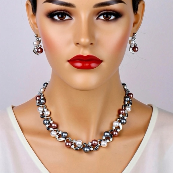 Elegant Silver and Pink color Imitation Pearl Necklace Set - Picture 3 of 3